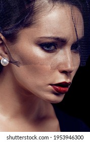 Beauty Brunette Woman Under Black Veil With Red Manicure Close Up, Grieving Widow, Halloween Makeup Luxury