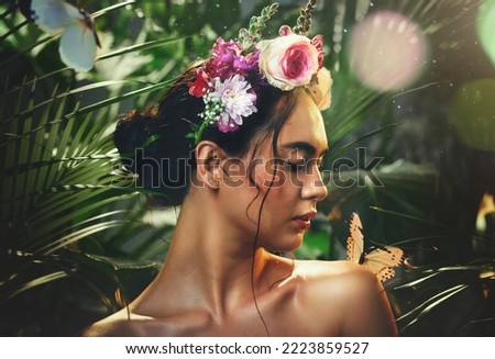 Beauty, butterfly and woman with flowers crown for sensitive glowing skin, natural cosmetics or luxury face makeup. Dust particles, peace and calm aesthetic model with nature leaf, plant and skincare