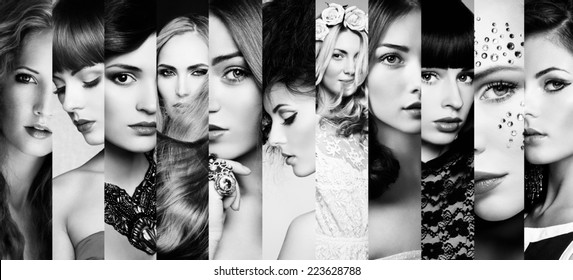 Beauty Collage. Faces Of Women. Fashion Photo. Black And White