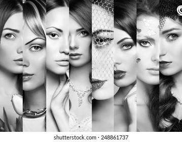 Beauty Collage. Faces Of Women. Group Of People. Fashion Photo. Perfect Make-up. Black And White