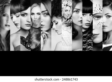 Beauty Collage. Faces Of Women. Group Of People. Fashion Photo. Perfect Make-up. Black And White