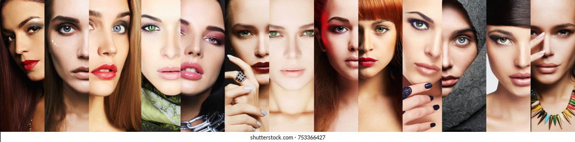 Beauty Collage.Faces Of Women.Makeup Beautiful Girls Mosaic