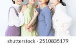 Beauty concept of group of middle aged Asian woman wearing colorful clothes. Skin care. Cosmetics.