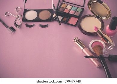 Beauty Concept, Various Makeup Products On Dark Background, Copy Space Vintage With Pink Toned Style Color