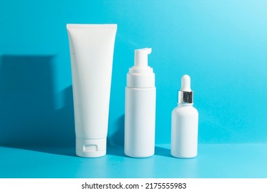 Beauty Cosmetic Bottle Mockup Of Skin Care Medical, Cleanser Of Facial Foam Lotion, Makeup For Face, Container Packaging Of Healthycare Branding