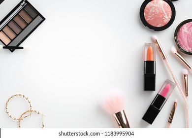 Beauty Cosmetic Make Up Top View Flat Lay On White Background