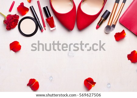 Beauty cosmetic white background. Makeup essentials. Shoes, red lipstick, powder, brushes set. Cosmetic products. Top view. Feminine or fashion background. Cosmetics. Beauty products. Modern woman 