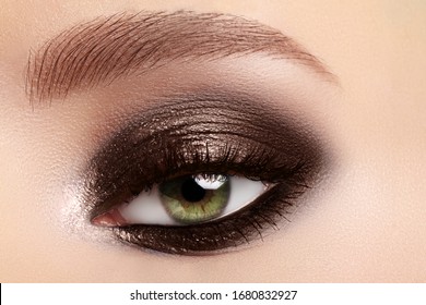 Beauty, Cosmetics And Makeup. Elegant Classical Smoky Make-up On Female Eyes. Beauty, Cosmetics And Makeup. Dark Brown Eyeshadow Make-up, Glamour Evening Style