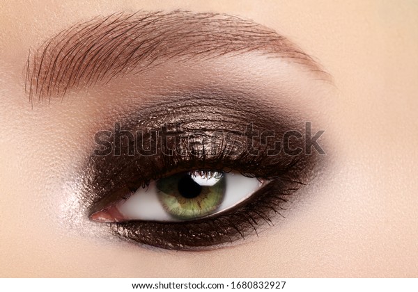 Beauty, cosmetics and makeup.\
Elegant classical smoky make-up on female eyes. Beauty, cosmetics\
and makeup. Dark brown eyeshadow make-up, glamour evening\
style