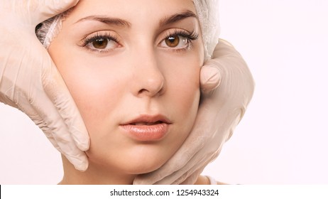 Beauty Cosmetology Face. Girl Facial Portrait. Hydra Cream And Injection. Dermatology Female Model. Young Woman.