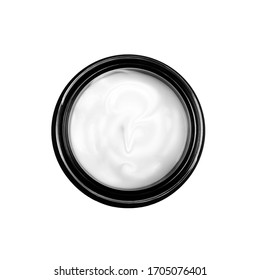 Beauty Cream In A Jar In The Shape Of A Question Mark Isolated On White Background, Top View, No Shadow, For Collage