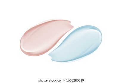 Beauty Cream Swatch Smear Smudge Isolated On White. Peach Pink Blue Color Correcting Concealer, Makeup Primer Swipe. Cosmetic Creme Lotion Moisturizer Smudge Close Up. Skincare Product  Creamy Texture