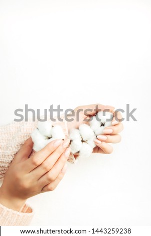 Beauty delicate hands with manicure holding cotton flower close up isolated on white.