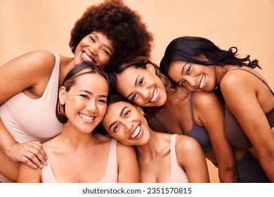 Beauty, diversity and portrait of women happy with makeup for cosmetic skincare isolated in studio brown background. Skin, aesthetic and young friends together for self care, dermatology and support - Shutterstock ID 2351570815