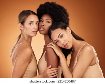 Beauty, Diversity Or Self Love Portrait Of Women With Facial Cosmetics Product, Makeup Or Natural Skincare. Group Of People, Woman Empowerment And Relax Face Of Self Care Girl With Wellness Body Care