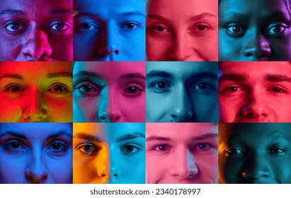 Beauty of each of us. Close-up. Cropped male and female faces, eyes looking at camera over colorful neon lights. Concept of human emotions, mood, facial expressions, fashion - Powered by Shutterstock