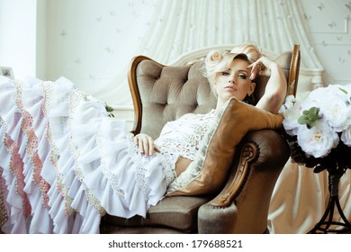beauty emotional blond bride in luxury interior
