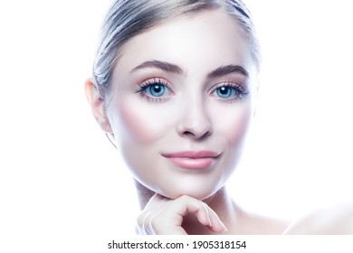 Beauty face.  - closeup of beautiful young woman face and lips over white background. Facial treatment, people, cosmetology, anti-aging and beauty concept