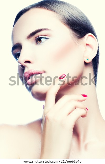 beauty face\
of model girl. Perfect skin, natural nude makeup. Pale lipstick.\
Skincare facial treatment\
concept