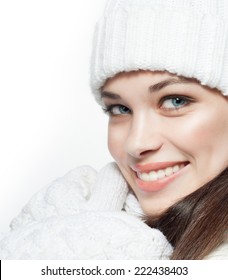 Beauty Face Portrait Of Attractive Young Caucasian Woman In Warm Clothing  Studio Shot Isolated On White Toothy Smiling Winter