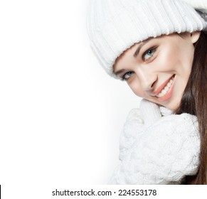 Beauty Face Portrait Of Attractive Young Caucasian Woman In Warm Clothing  Studio Shot Isolated On White Toothy Smiling Winter