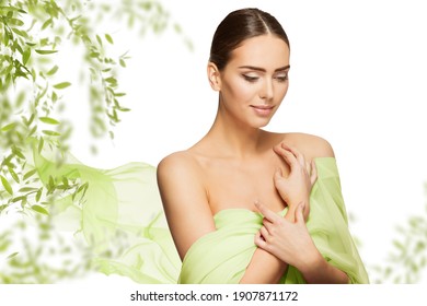 Beauty Face Skin Natural Care. Perfect Woman Portrait With Leaves. Green Organic Nature Cosmetic Skincare