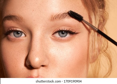 Beauty Face.
Woman Combing Eyebrows With A Brush Closeup. Woman With Perfect Skin Portrait. Macro Eye 