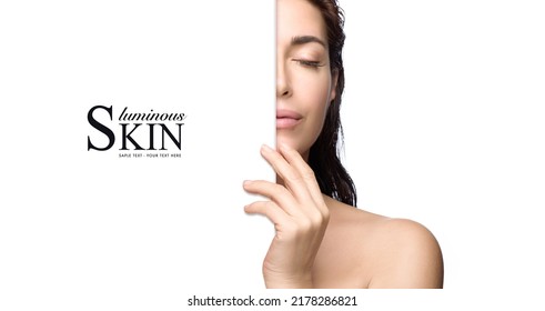 Beauty Face Woman With Healthy Luminous Skin On A Split Panorama Banner With Lateral White Copyspace In A Skin Care Concept