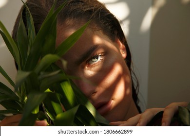 Beauty Face. Woman Model With Natural Makeup And Healthy Skin In Tropical Nature. Spa And Wellness. Youth, Teens And Skin Care Concept. Close Up