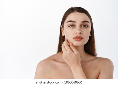 Beauty Face Woman Natural Healthy Cosmetic Skin, Pure Fresh Beautiful Female Happy Smile Portrait Manicure Hand. Female Model With No Makeup, Hydrated Healthy Facial Skin, Gently Touching Cheek