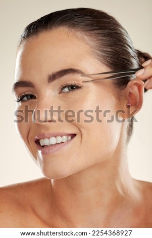 Beauty, face and woman portrait with tweezer for eyebrow cleaning or hair removal in studio. Happy aesthetic model with a smile for facial, cosmetic tools and clean skin for self care routine Foto stock © 