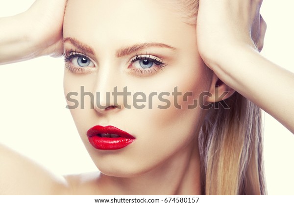 Beauty Face Young Girl Red Lip Stock Photo Edit Now 674580157