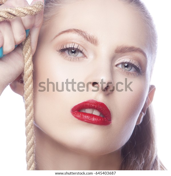 Beauty Face Young Woman Red Lips Stock Photo Edit Now 645403687