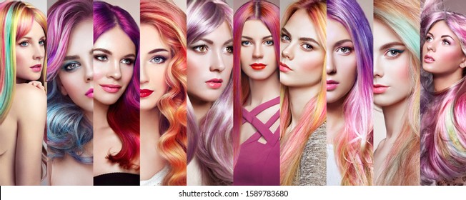 Beauty fashion collage girls with colorful dyed hair. Faces of women. Girl with perfect makeup and pink hairstyles