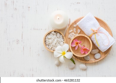 Beauty and fashion concept with spa set on white rustic wooden background - Shutterstock ID 465281132