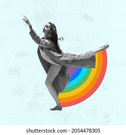 Beauty, fashion. Dancing woman and rainbow isolated on light background. Contemporary art collage. Concept of human relation, community, diversity, symbolism, surrealism. Social media, issues, unity.