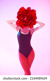 Beauty and fashion. A female model posing in bright red tights and black bodysuit with a red peony flower hiding her face. Pink background. Vanguard fashion. 