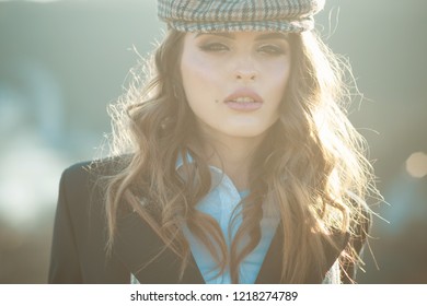 Beauty and fashion look. Confident in her choice. vintage woman with makeup. retro fashion woman with makeup, parisian. french girl with curly hair in autumn beret. Perfect female.