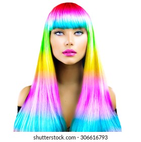 Beauty Fashion Model Girl and Colorful Dyed Hair  Colourful Long Hair  Portrait Beautiful Woman and Colorful Dyed Hair  professional hair Coloring  Colouring hair  fringe haircut