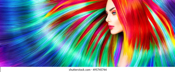 Beauty Fashion Model Girl and Colorful Dyed Hair  Colourful Long Hair  Portrait Beautiful Woman and Colorful Dyed Hair  professional hair Coloring  Colouring rainbow hair  bright long haircut