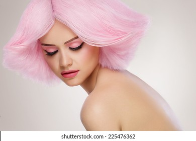 Beauty Fashion Model Girl With Pink Hair. Colourful Hair. Colouring Hair