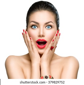 Beauty Fashion surprised Woman portrait. Beautiful model girl with perfect make up exited, screaming and open and mouth. Headshot. Emotions. Isolated on a white background