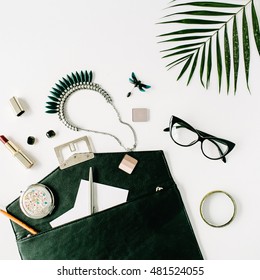 Beauty Feminine Accessories Arrangement With Palm Branch, Purse, Glasses, Lipstick And Necklace. Flat Lay, Top View