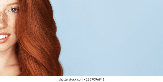 Beauty Freckles young girl cropped portrait. Attractive model with beautiful natural ginger red hair. Haircare treatments - Shutterstock ID 2367096941