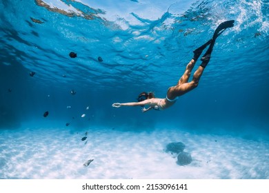 Beauty Freediver Girl Dive With Fins In Blue Tropical Ocean With Fishes In Hawaii