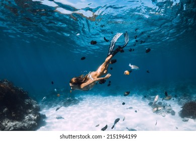 Beauty freediver lady with fins glides underwater with fishes in transparent blue ocean - Shutterstock ID 2151964199