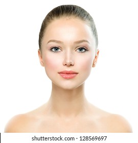 Beauty Girl. Beautiful Young Woman with Fresh Clean Skin, Beautiful Face. Pure Natural Beauty. Perfect Skin. Isolated on a White Background. Front Portrait of Beauty Girl. Youth