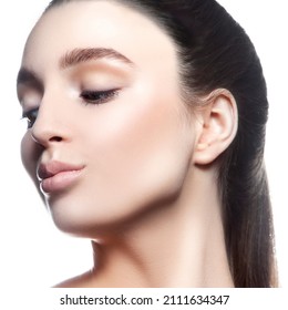 Beauty Girl Face Close-up. Sensual Young Woman Brunette Hair And Beautiful Neck Studio Profile Portrait. Studio Shot. Skincare Facial Treatment Health Concept