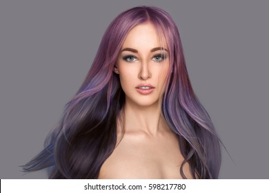 Beauty Girl With Flying Long Colored Hair. Beautiful Woman With Smooth Straight Shiny Hair. Colorful Hair Different Color