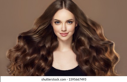 Beauty girl with long  and   shiny wavy hair .  Beautiful   woman model with curly hairstyle . - Shutterstock ID 1595667493